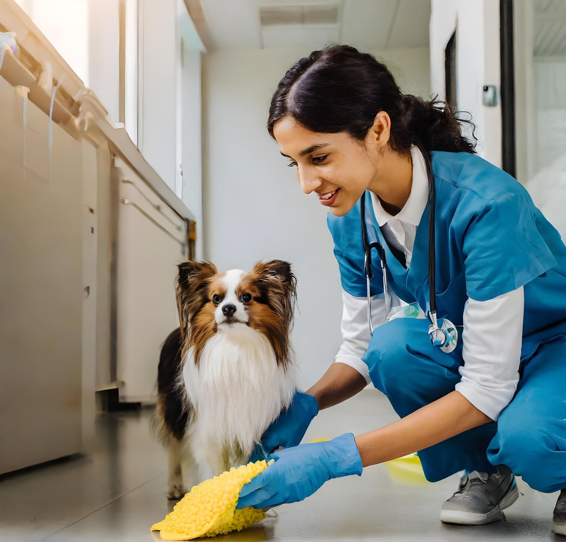 A veterinarian is crouching next to a dog.